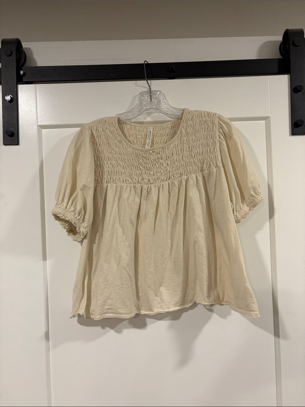 American Eagle Outfitters Cream Smocked Yoke Puff Sleeve Crop Top